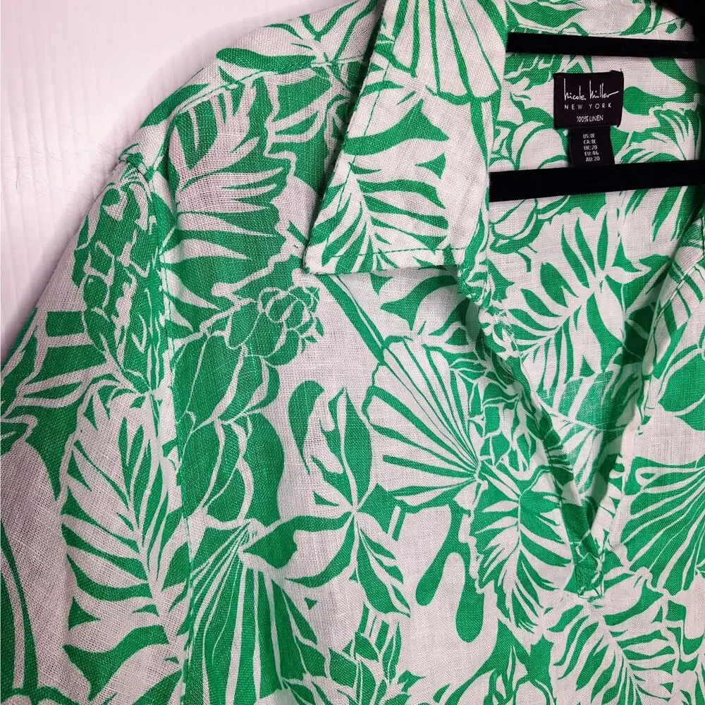 Nicole Miller 100% Linen Tunic Top 1X Pineapple Shells Palm Tropical Beach Green